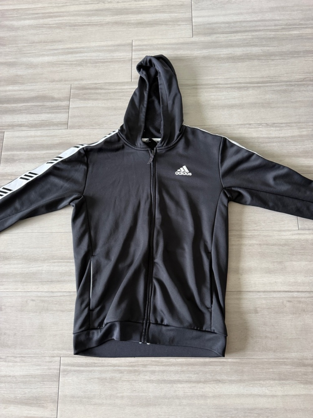 Men’s Adidas Black Hoodie with White Shoulder Stripes (Medium)